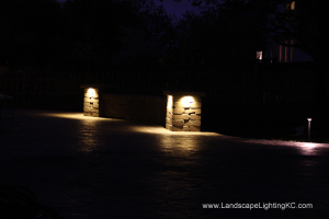 Under railing LEDs on seating wall.